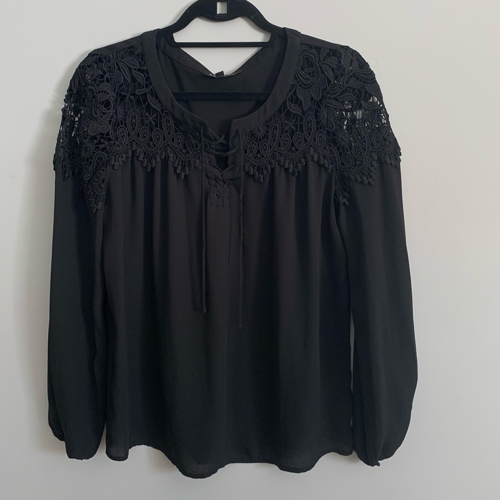 Express Black Lace Yoke Long Sleeve Blouse